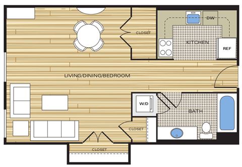 Efficiency 542sf Floor Plan at Clayborne Apartments, Alexandria, 22314